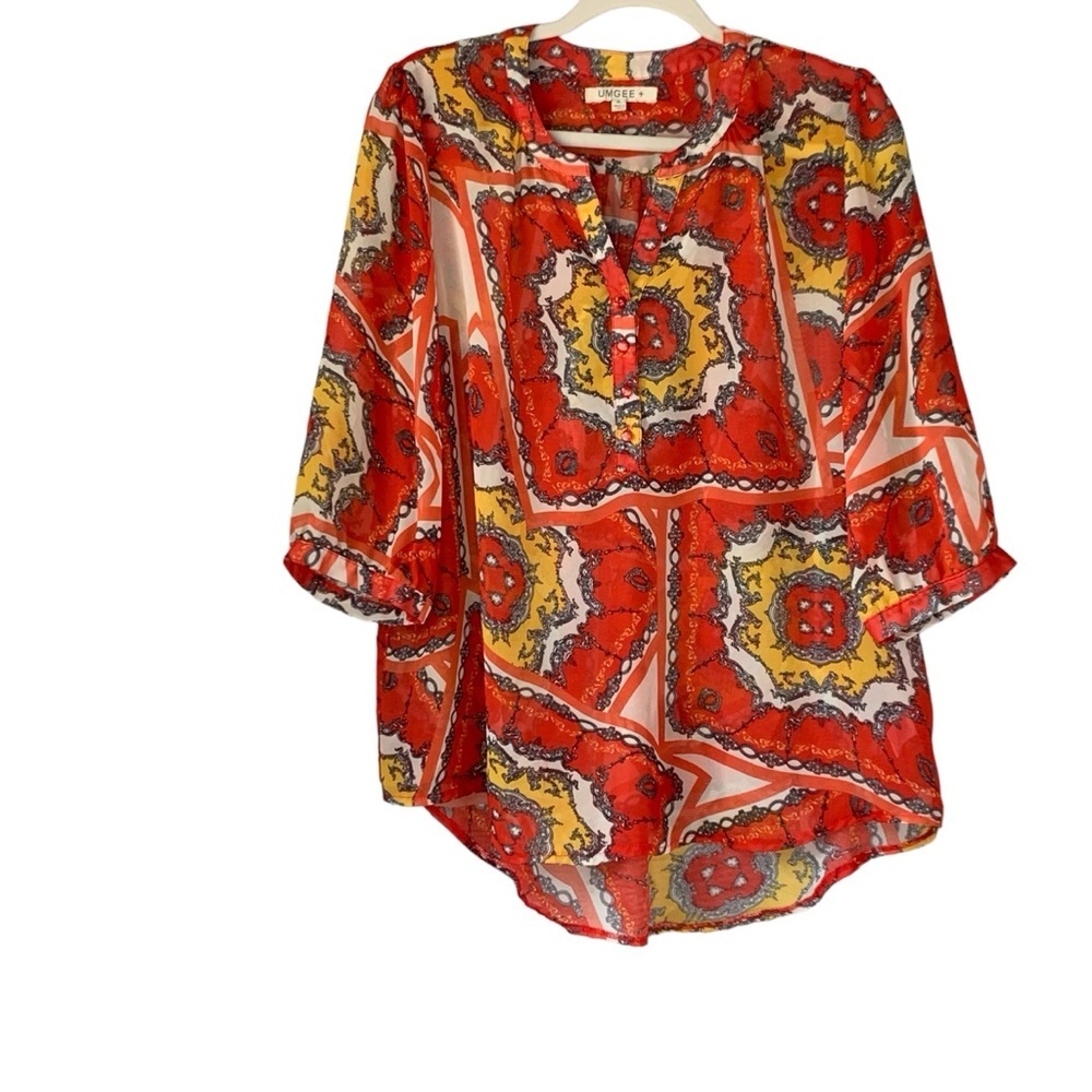 UMGEE sheer orange and yellow paisley 3/4 length sleeve. Size XL